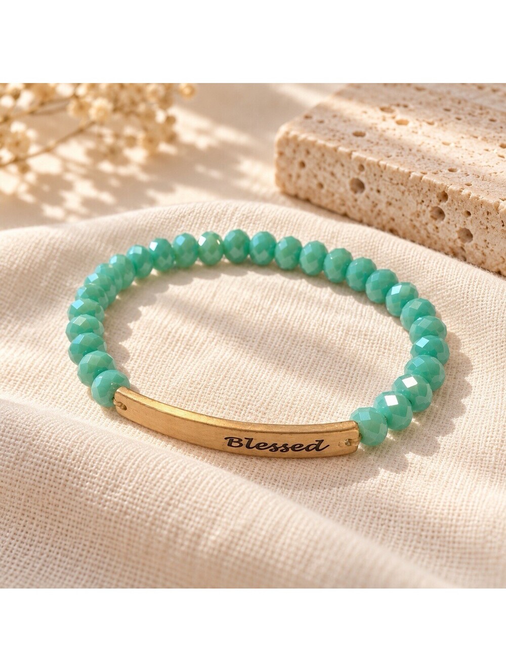 Blessed Stretch Bracelet Turquoise Color Faceted Beads Gold Tone Bar